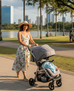 Mãe passando no parque com carrinho de bebê
